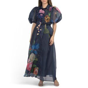 DALIA MACPHEE Navy Multi Puff Sleeve Floral Maxi Dress With 3d Floral Accents